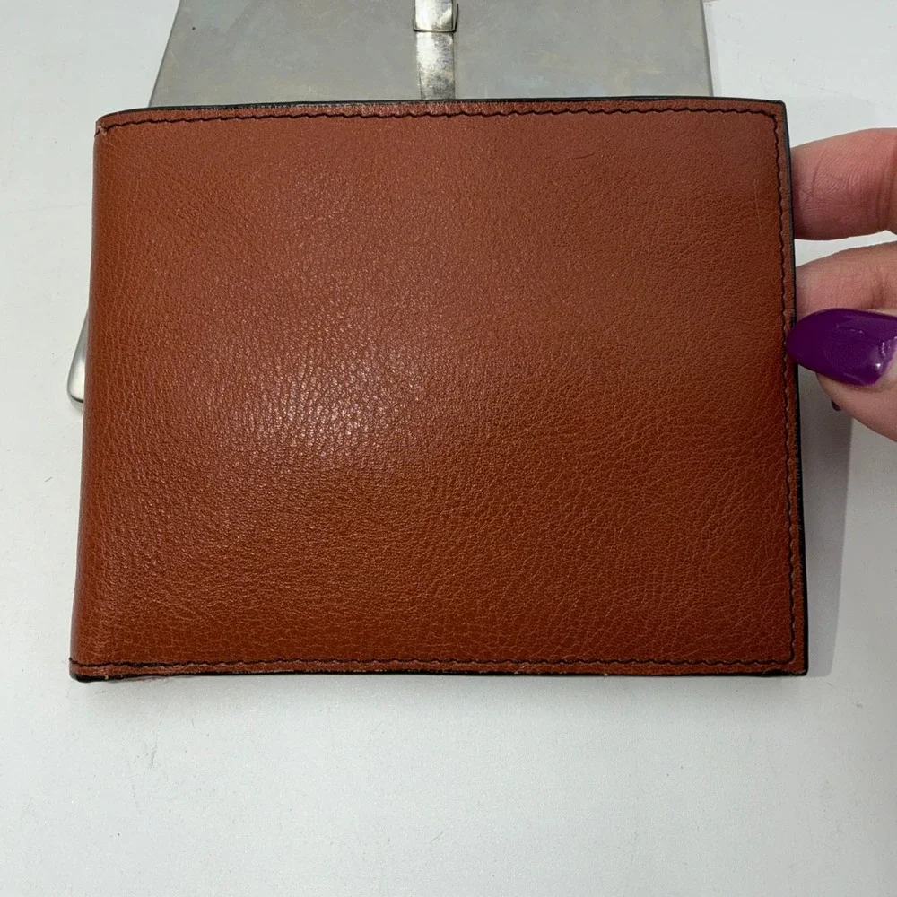 Kenneth Cole New York Mens Leather Bifold Wallet Cognac Brown 8 Card Slots